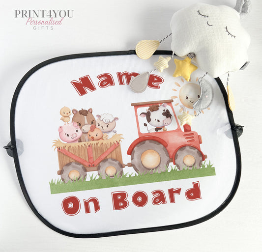 Personalised car sun shade with a tractor and farm animals design and baby on board wording