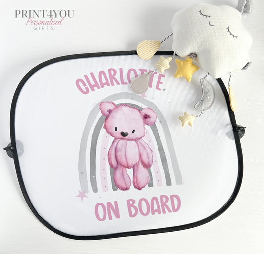 Pink teddy bear rainbow car sun shade with baby on board design