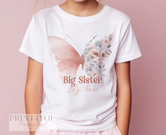 Promoted to Big Sister Butterfly White Personalised Cotton T – Shirt, Big Sister Top, Big Sister Gift, Pregnancy Announcement - 6-12 months  T-shirt