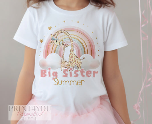 Promoted to Big Sister Giraffe Rainbow Design White Personalised Cotton T – Shirt, Big Sister Top, Big Sister Gift, Pregnancy Announcement - 6-12 months  T-shirt