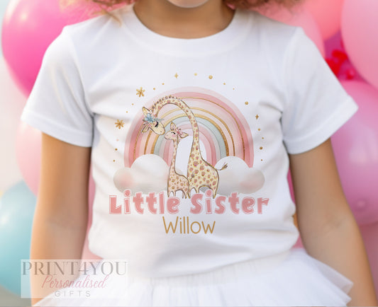 Little Sister Giraffe Rainbow Design White Personalised Cotton T – Shirt, Big or Little Sister Top, Big Sister Gift, Pregnancy Announcement - 6-12 months  T-shirt