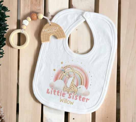 Little sister rainbow giraffe personalised baby bib