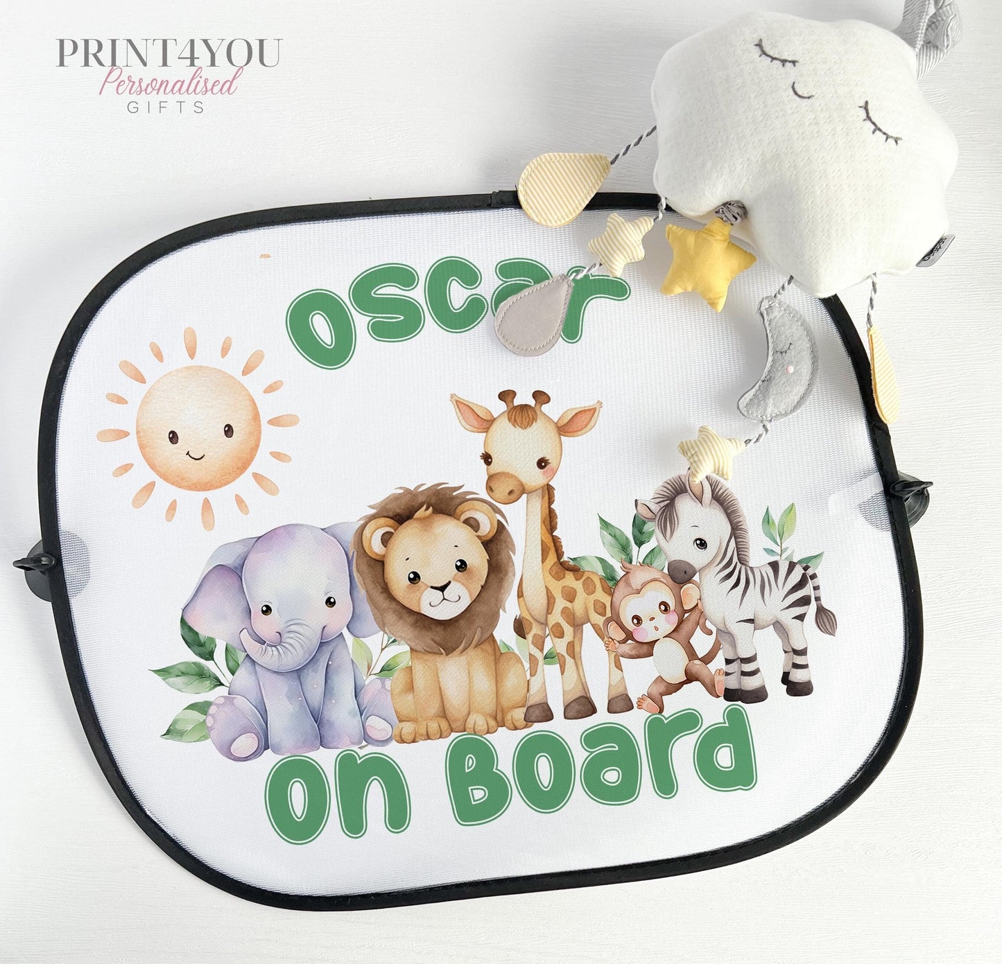 Safari jungle animals car sun shade with baby on board design