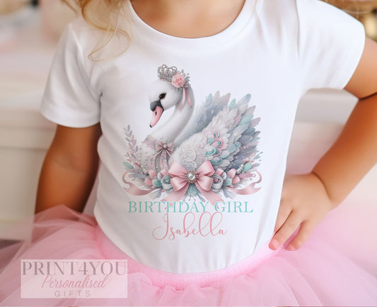 Personalised Swan Girls Birthday T – Shirt – Elegant Swan – 100% Soft Cotton, DTG – Age 1 – 10yrs - 0-3month T-shirt