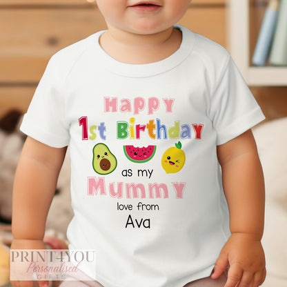 Fruit design personalised baby bib, close-up