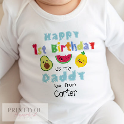 Personalised dancing fruit bib printed with 'Happy 1st Birthday as my Daddy' and the baby's name.
