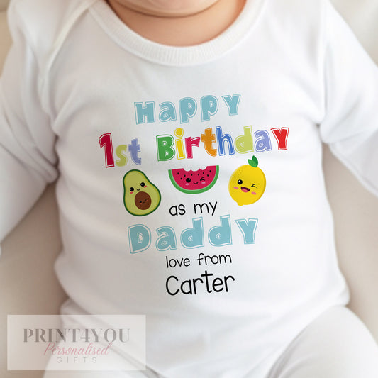 Personalised Dancing Fruit bib printed with 'Happy 1st Birthday as my Daddy' and your baby's name.