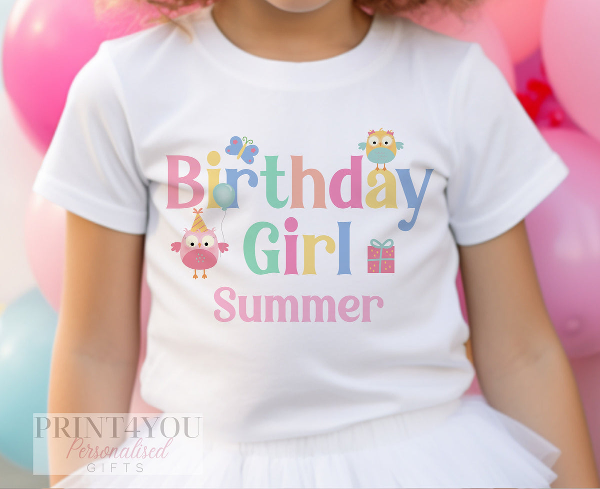 Personalised owl birthday t-shirt for toddlers aged 1-2 years, pastel owl graphic print on white cotton