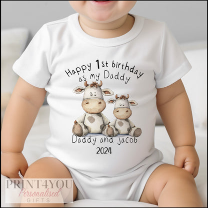 Personalised Happy Birthday Daddy outfit printed with baby's name on soft white cotton.