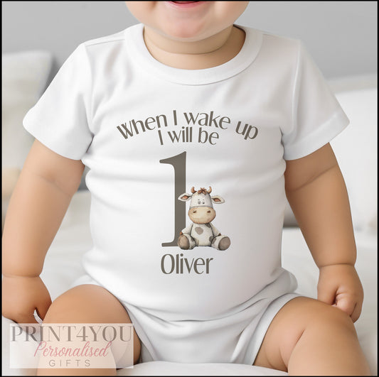Bib in soft white cotton printed with a grey cow farmyard design and personalised baby name.