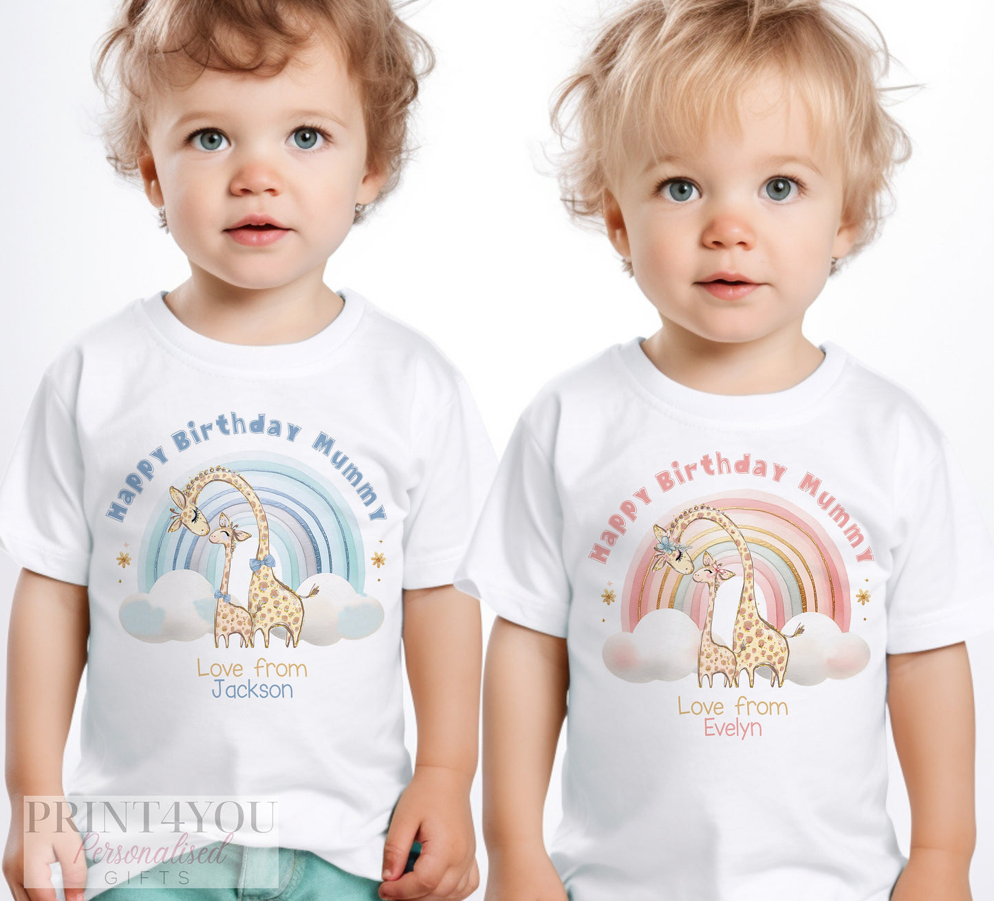 Personalised blue giraffe rainbow sleepsuit featuring the mother and baby giraffe design with the baby's name.