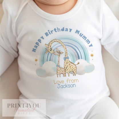 Personalised blue giraffe rainbow bib printed with 'Happy Birthday Mummy' and the baby's name.