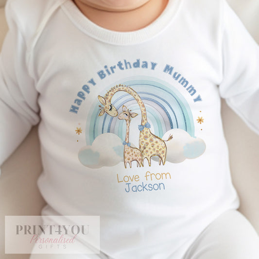 Personalised Blue Giraffe Rainbow bib printed with 'Happy Birthday Mummy' and your baby's name for her first birthday as a mummy.