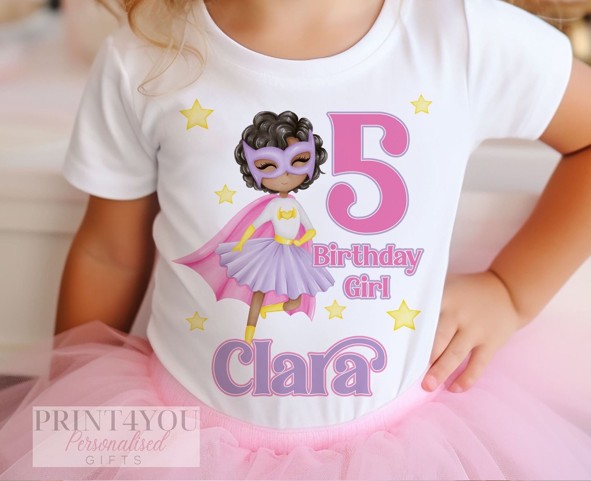Personalised Super Hero Girl Birthday T – Shirt ANY AGE – Afro Hairstyle Girl Cotton White Top, Brown Skin Girl - 6-12 months
