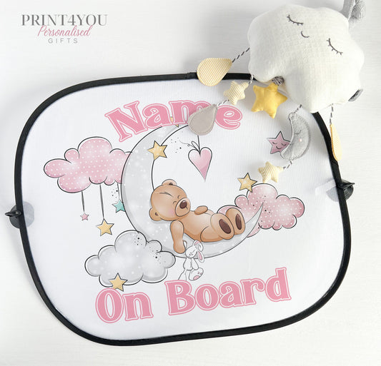 Pink teddy bear car sun shade with sleeping girl baby on board design