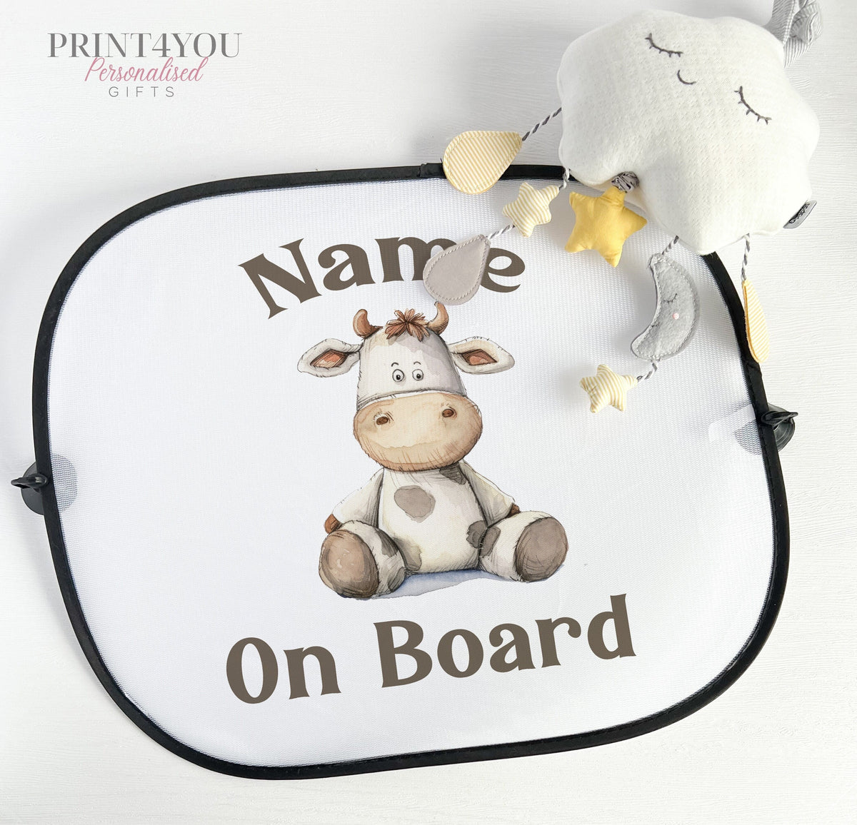 Personalised Children's Car Sun Shade Visor – Cute Cow Farm Animals, Baby on Board - image only