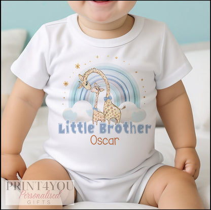 Little brother rainbow giraffe personalised baby bib