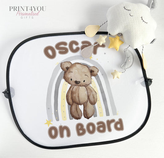 Brown teddy bear rainbow car sun shade with baby on board design