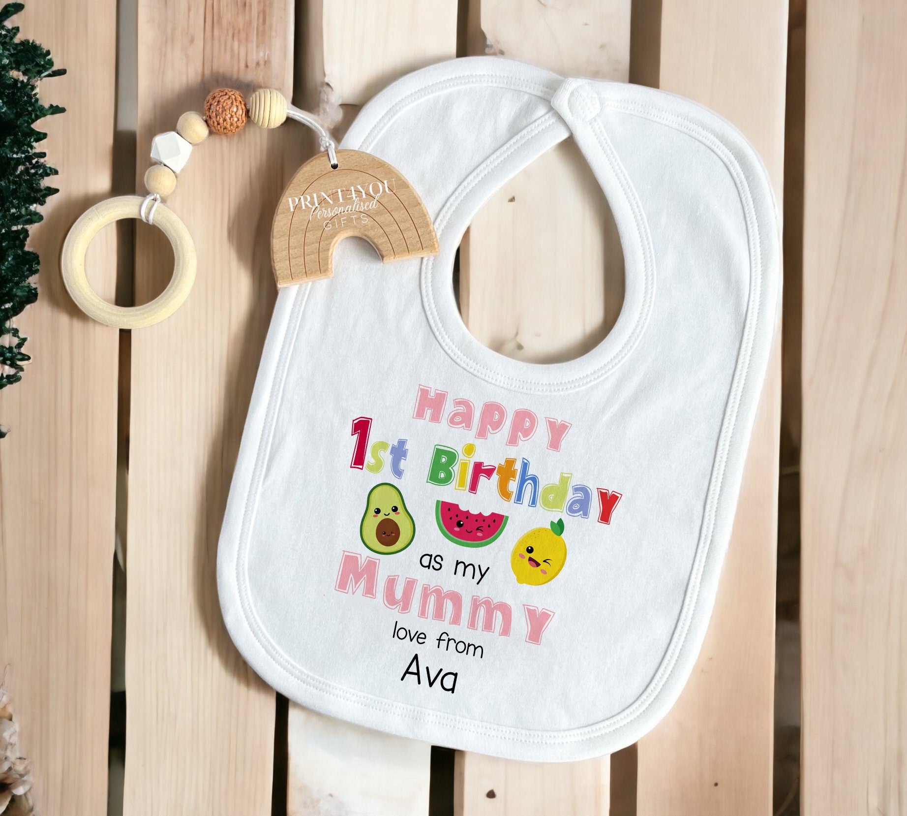1st birthday fruit design bib, product photo