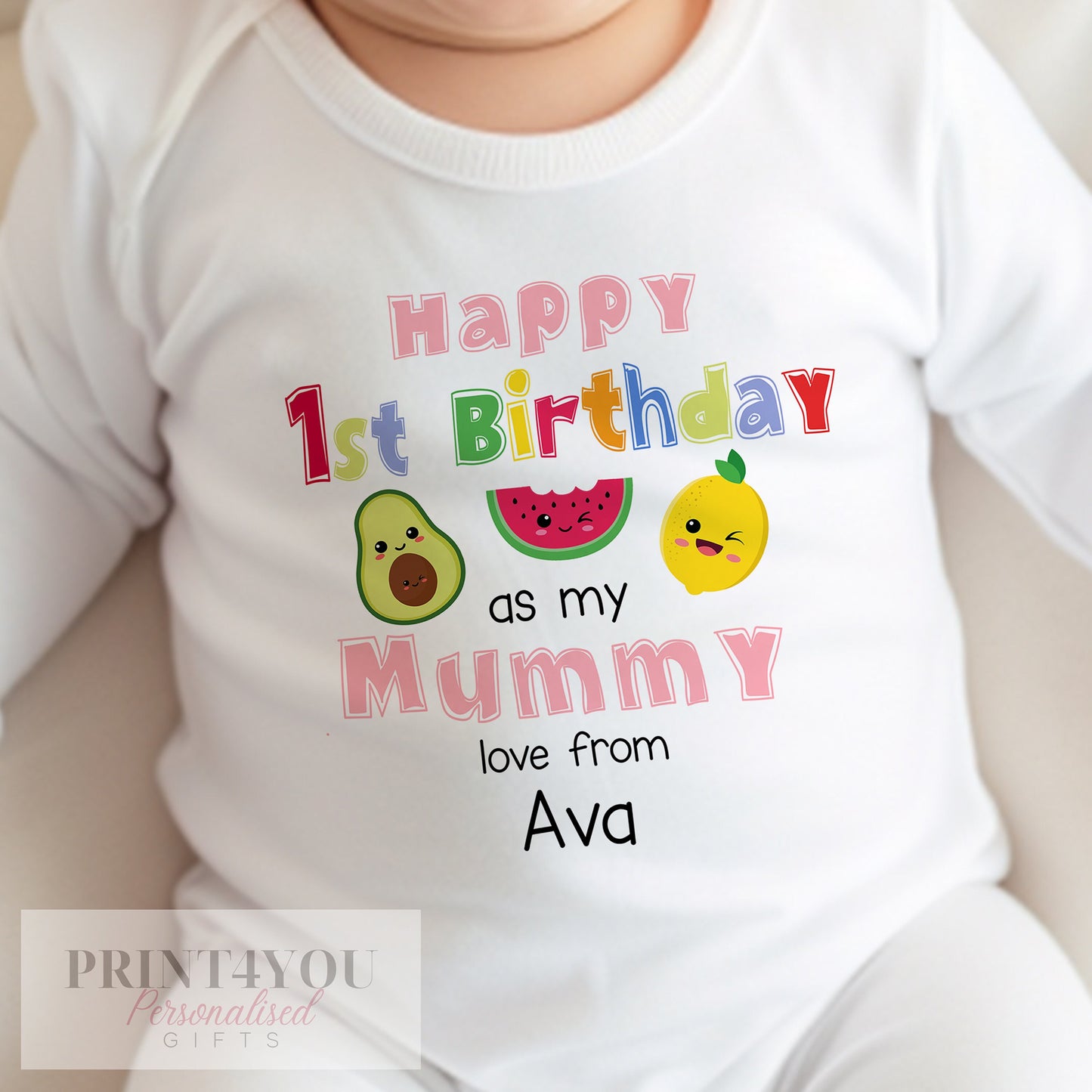1st birthday fruit design baby bib styled photo