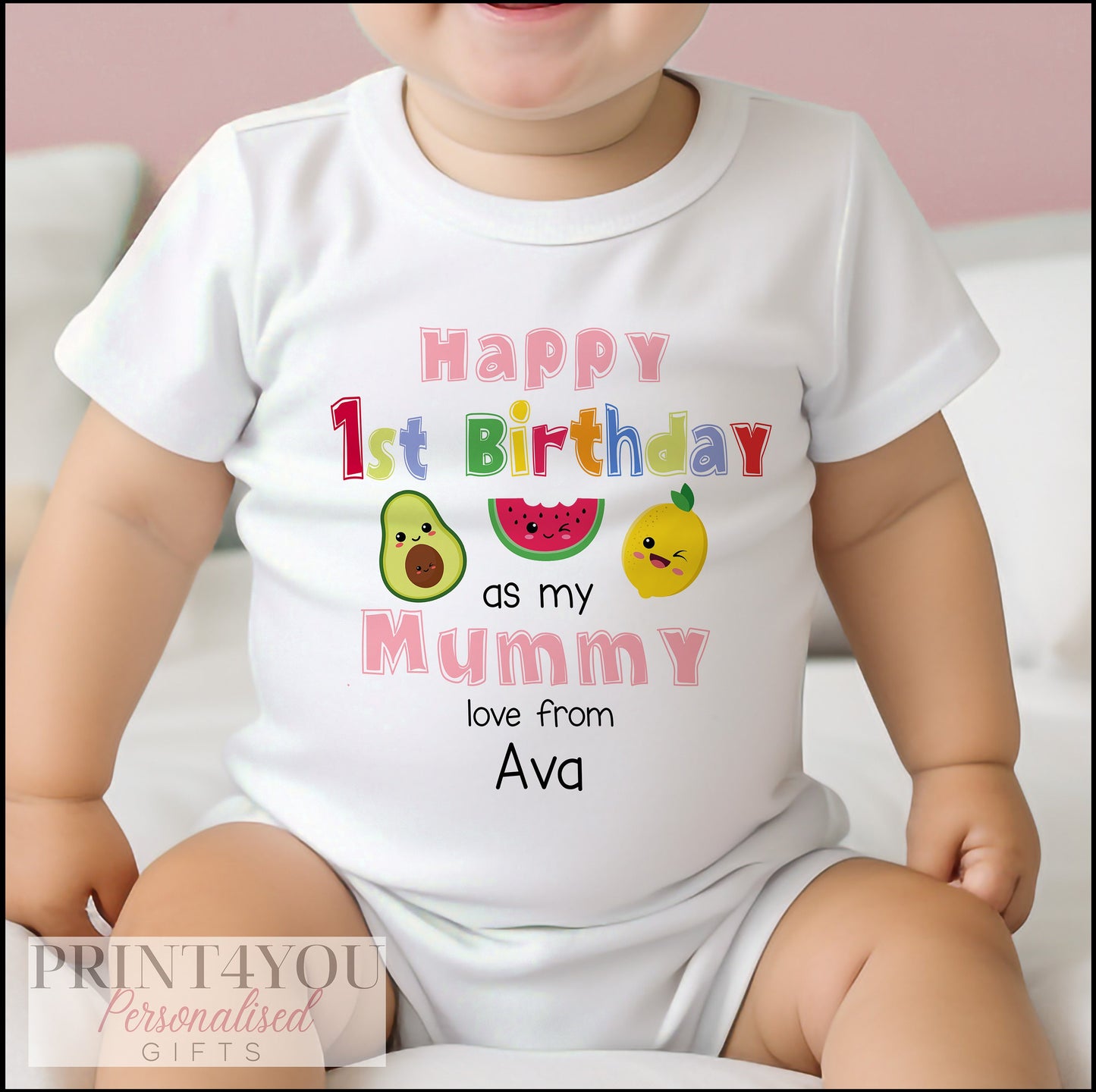 Fruit design bib for Mummy's 1st birthday, close-up