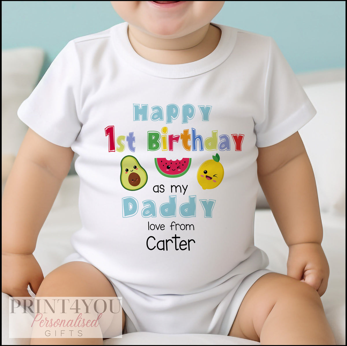 Fruit design bib for Daddy's 1st birthday, close-up