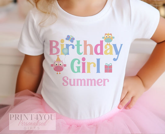 Personalised pastel owl birthday t-shirt, white cotton, baby size 6-12 months, printed with colourful party owl design