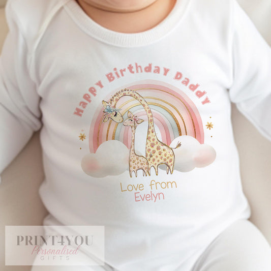 Personalised Rainbow Giraffe bib printed with 'Happy Birthday Daddy' and your baby's name.