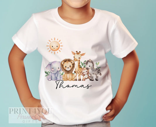 Personalised safari animal birthday t-shirt in white cotton, baby size 6-12 months, printed with jungle animal graphics and custom name