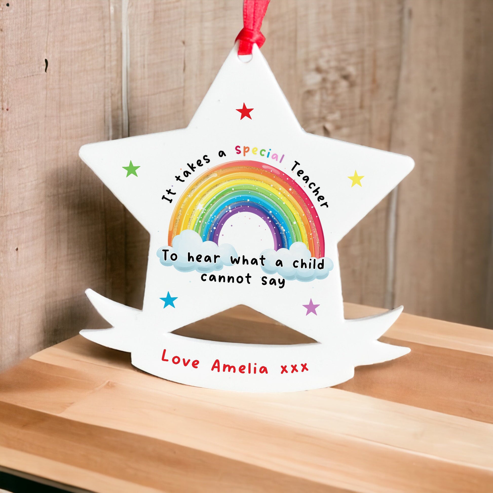 Personalised acrylic star hanging decoration measuring 94mm wide by 100mm tall