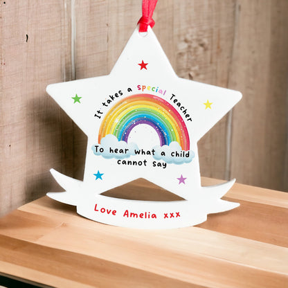 Personalised acrylic star hanging decoration measuring 94mm wide by 100mm tall