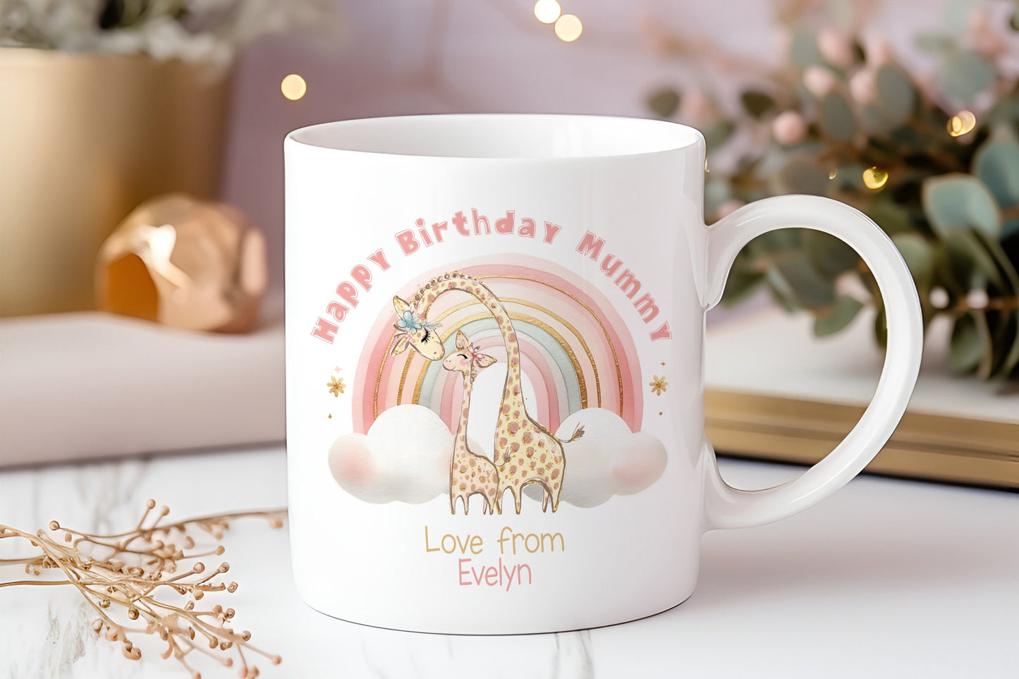 Mug for Mummy – Personalised Birthday Gift Mug With Pink Blue Rainbow Design
