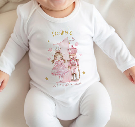 Personalised baby girl's first Christmas Pink Nutcracker bib, vest and sleepsuit set in 100% cotton