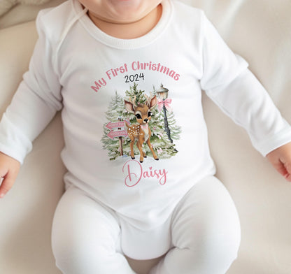 Close-up of the Pink Reindeer first Christmas print with baby's name.