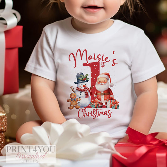 Personalised baby's first Christmas Santa and Snowman bib, vest and sleepsuit set in 100% cotton