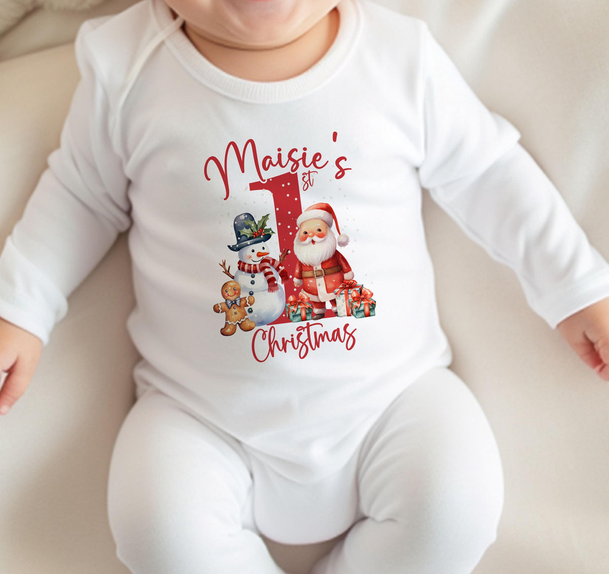 Close-up of the personalised Santa and Snowman first Christmas print with baby's name.