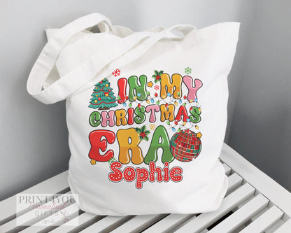White cotton tote bag personalised with a name, printed with a Highland Cow design