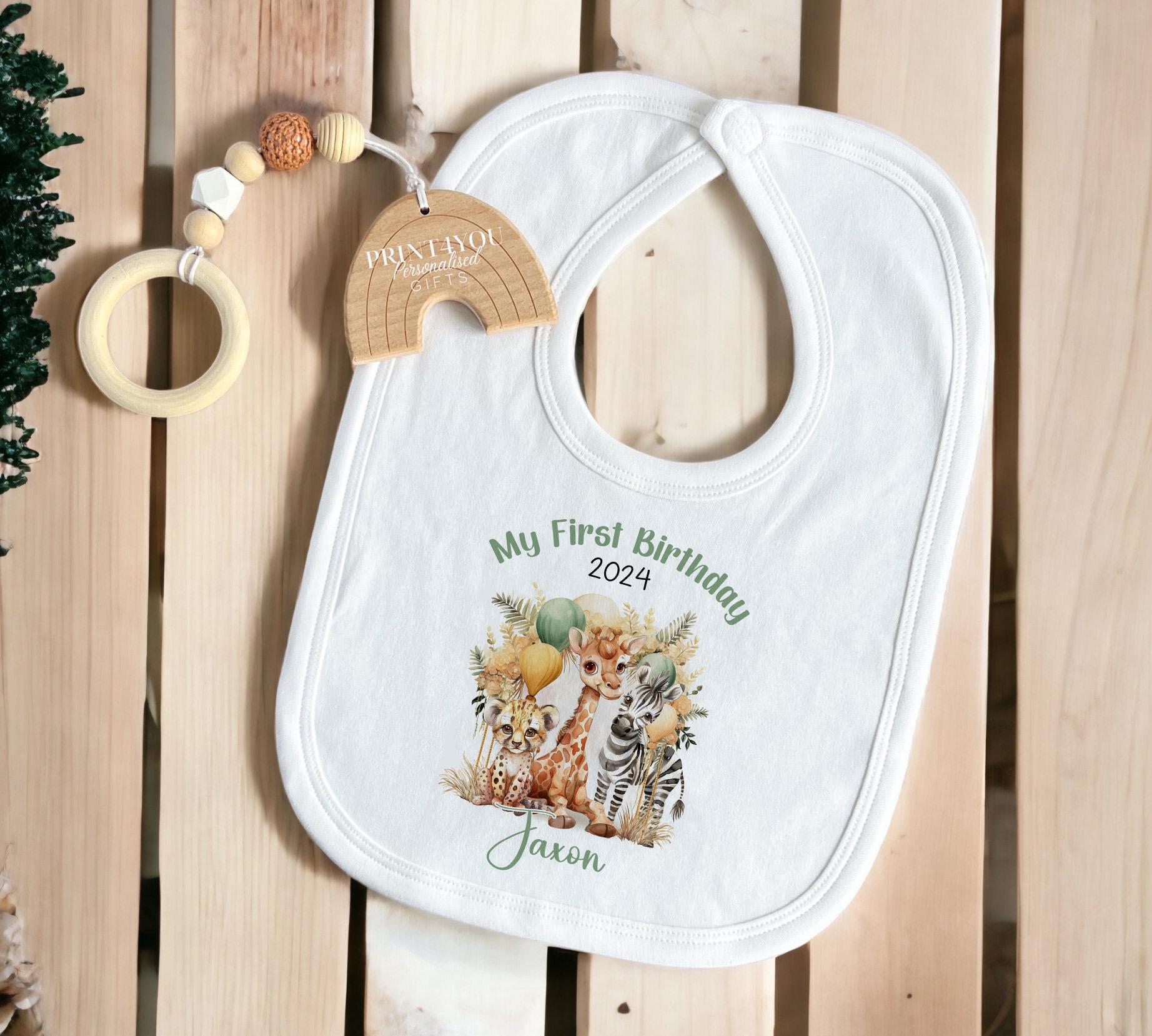 Personalised Boho Safari sleepsuit for baby's first birthday with popper fastenings for easy changing.