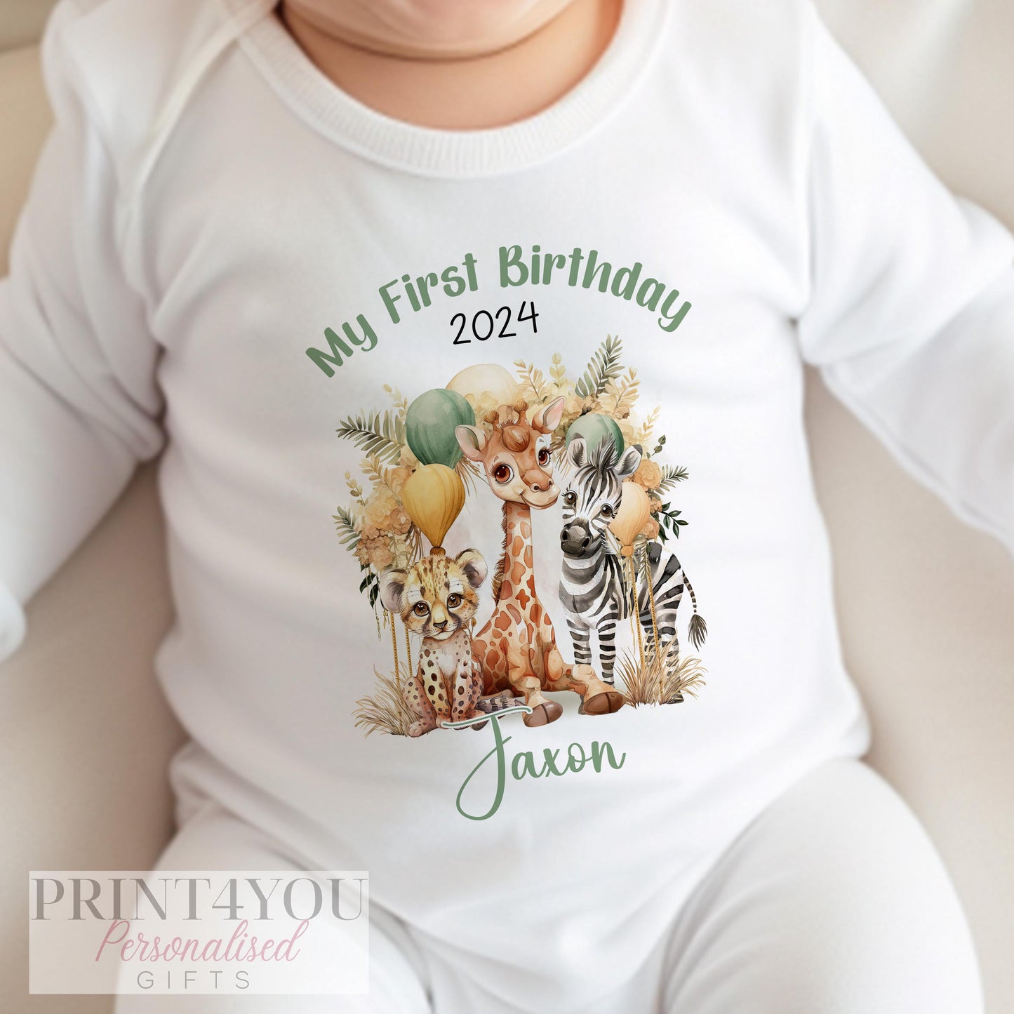 Personalised Boho Safari first birthday vest with a custom name printed above the safari design.