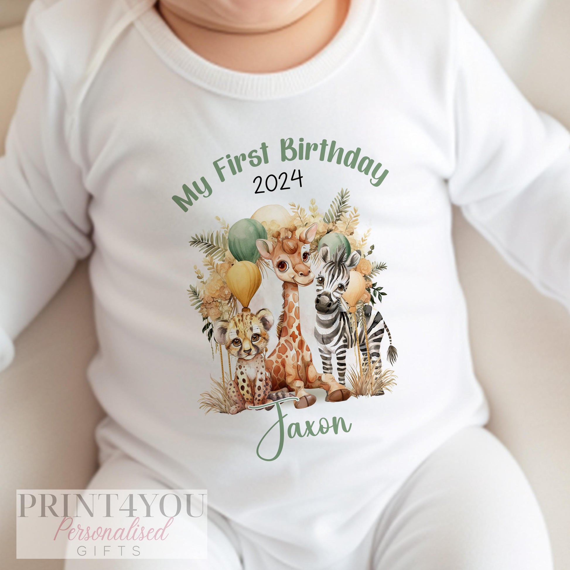 Personalised Boho Safari first birthday vest with a custom name printed above the safari design.
