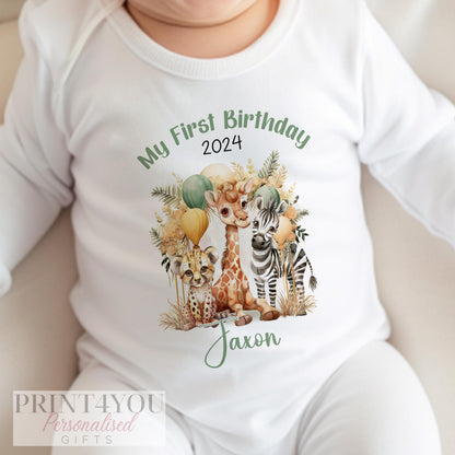 Personalised Boho Safari first birthday vest with a custom name printed above the safari design.