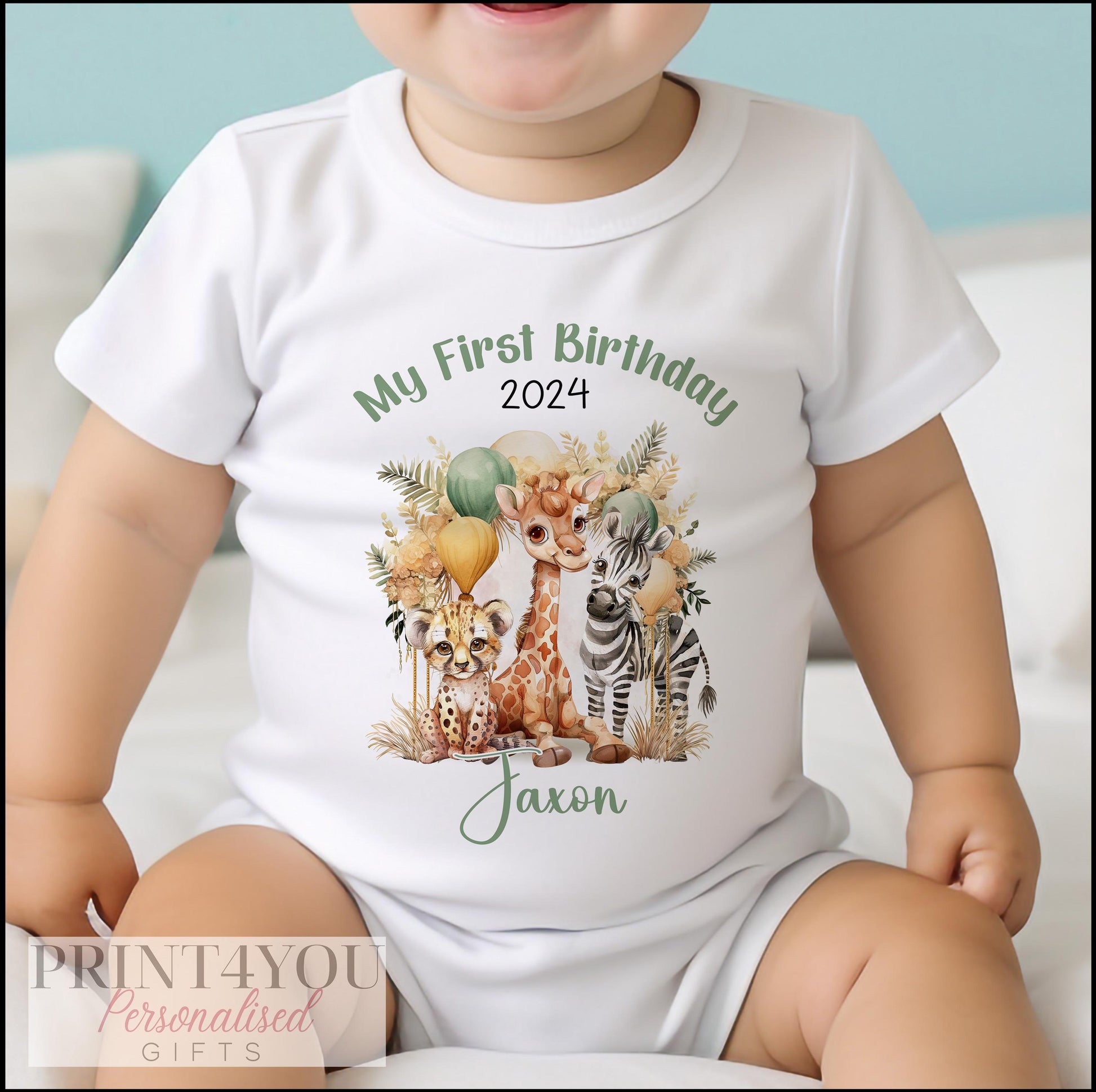 Close-up of the Boho Safari first birthday design showing the safari animals and personalised name.
