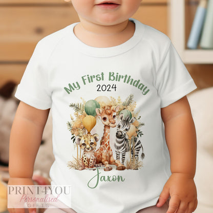 Personalised Boho Safari first birthday t-shirt laid flat showing the safari animal print and name.