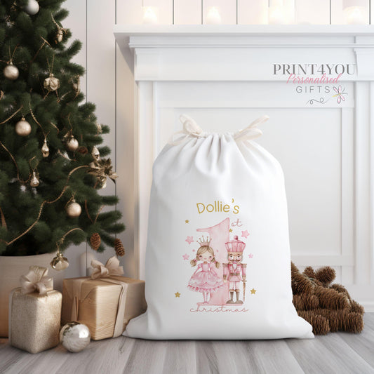 Plain cream canvas Christmas gift sack personalised with a name and drawstring closure
