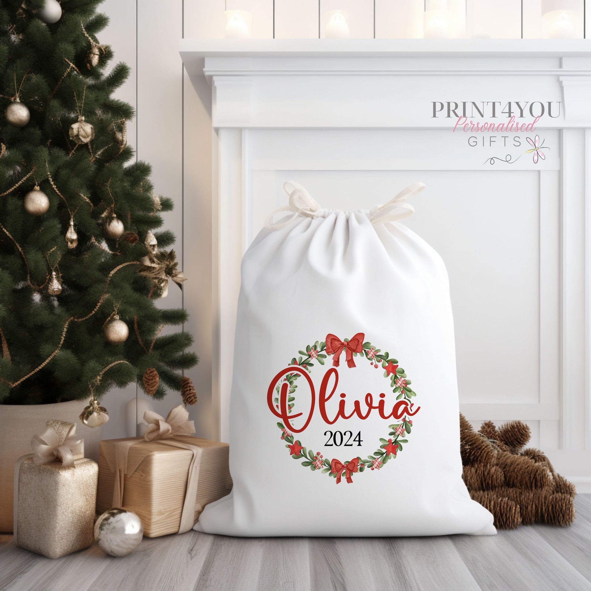 Personalised Santa sack in canvas with drawstring closure and custom name print