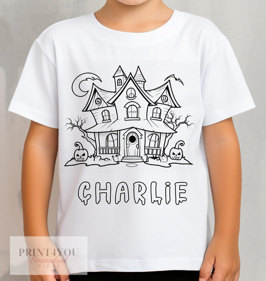 Personalised Halloween Colour In activity Kids T – shirt – with washable pens – Haunted House - 1-2 yrs