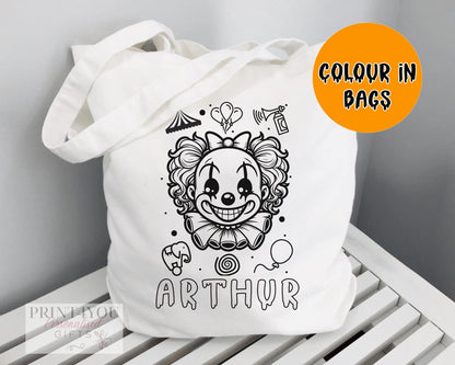 Personalised colour-in Halloween tote bag with a black-and-white Scary Clown outline design ready to colour in, on 100% white cotton