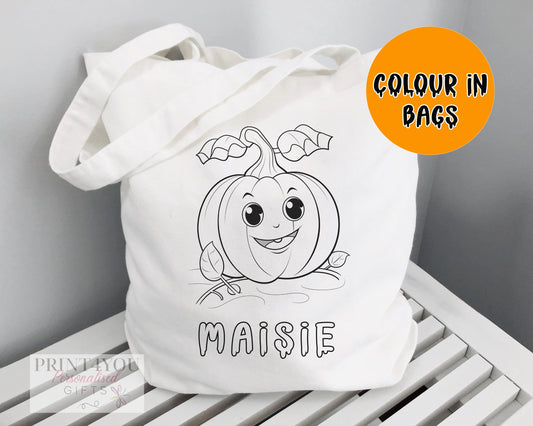 Personalised colour-in Halloween tote bag with a black-and-white Cute Pumpkin outline design, ready to colour