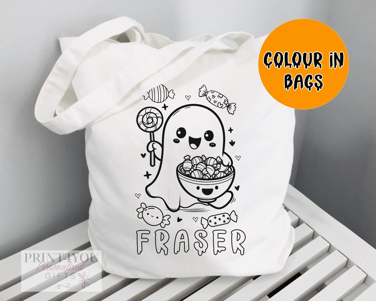 Personalised colour-in Halloween tote bag with a black-and-white Ghost outline design (ND3), ready to colour