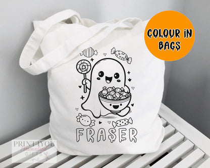 Personalised colour-in Halloween tote bag with a black-and-white Ghost outline design (ND3), ready to colour